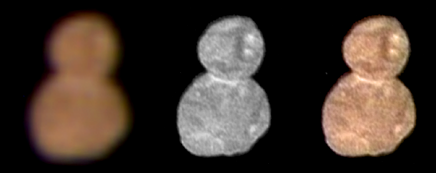 The first color image (left) of Ultima Thule, snapped by New Horizons' Multispectral Visible Imaging Camera (MVIC). The higher-resolution image (center) was taken by the craft's Long-Range Reconnaissance Imager (LORRI), and the third image (right) combines the two