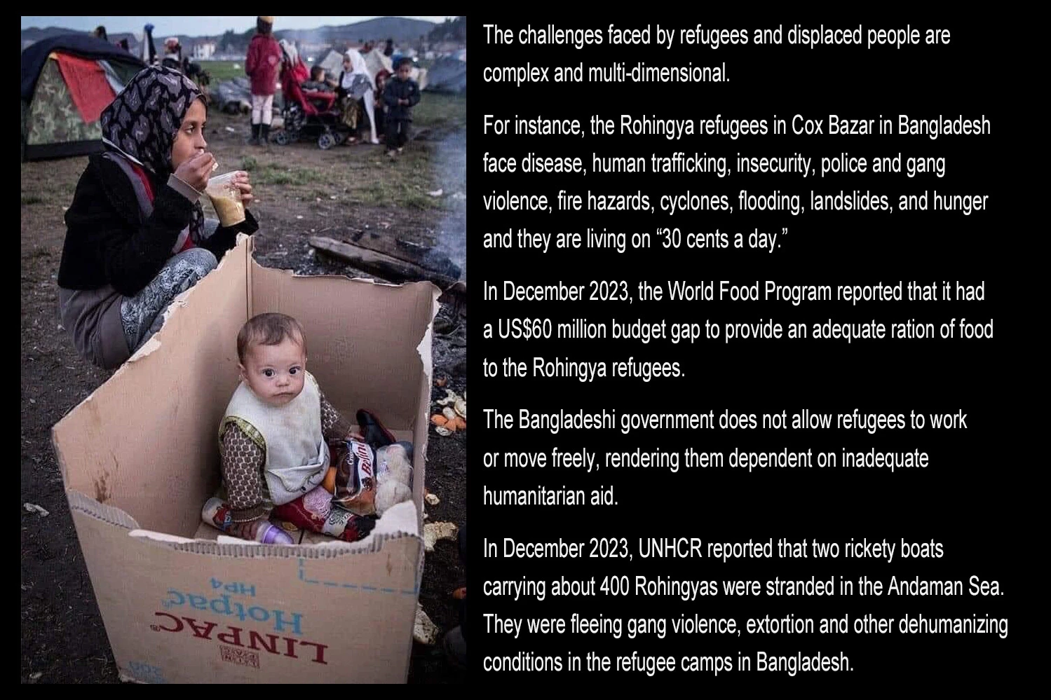 The above quote highlights just how difficult conditions invariably are for refugees. Two million children were born in refugee camps in 2023, and there are now one million Rohingya in Bangladesh's Cox's Bazar refugee camp
