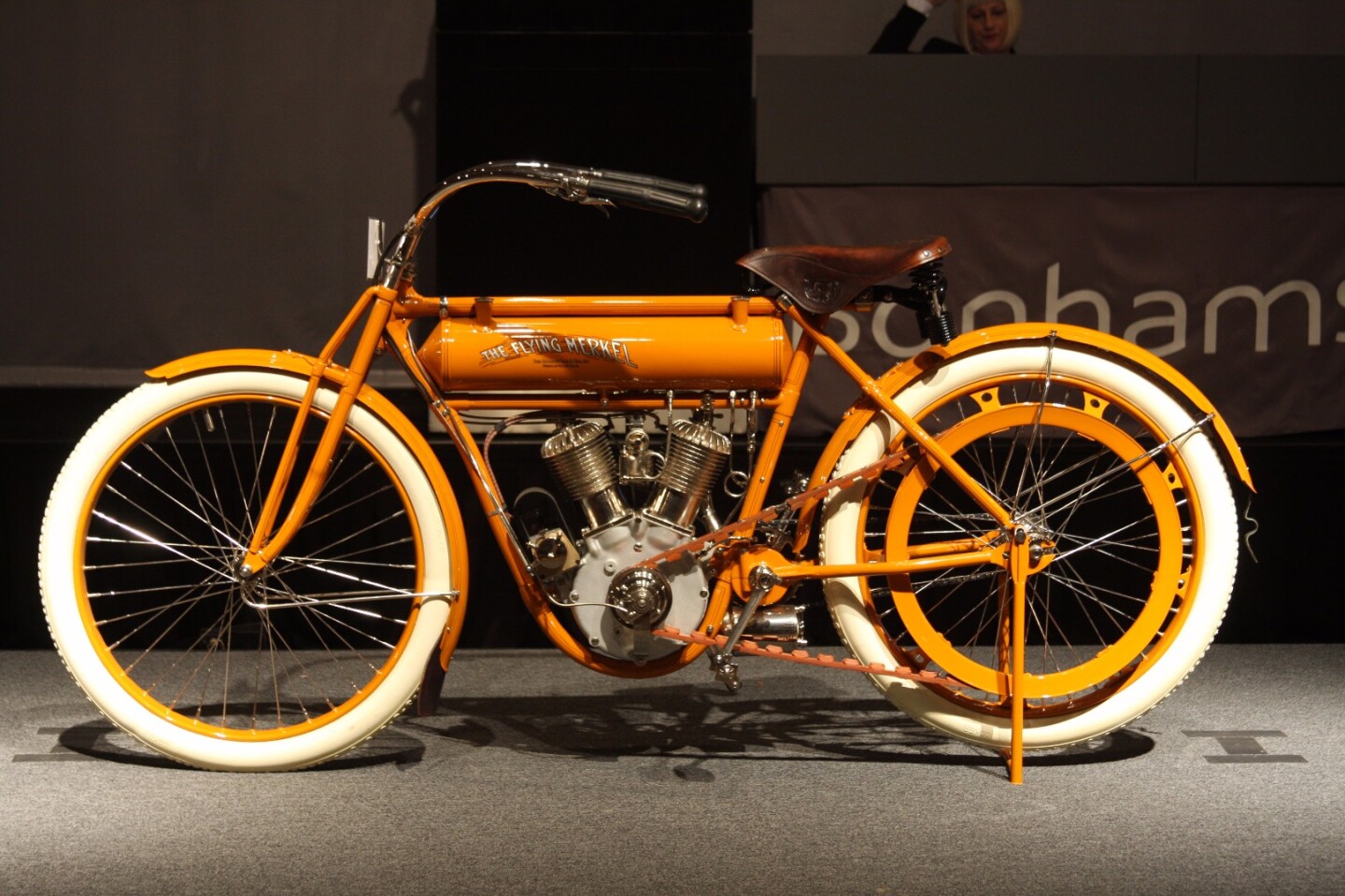 This 1912 Flying Merkel Twin Belt Drive was expected to sell between $135,000 and $150,000. It was passed in.