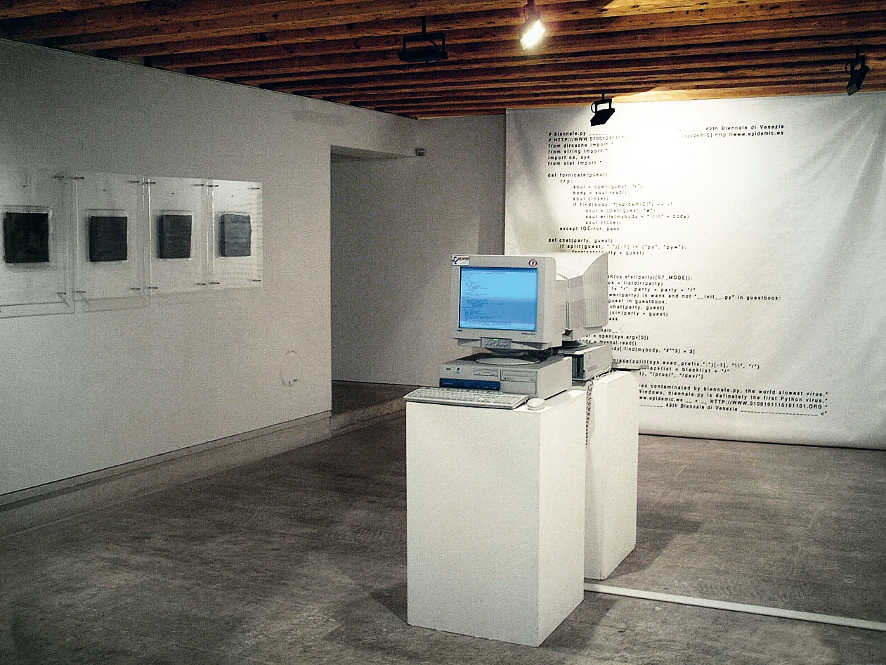 In the 49th Venice Bienniale, Eva and Franco Mattes created this work where they unleashed a computer virus on opening night – the installation incorporated two computers perpetually infecting each other with the virus on a loop