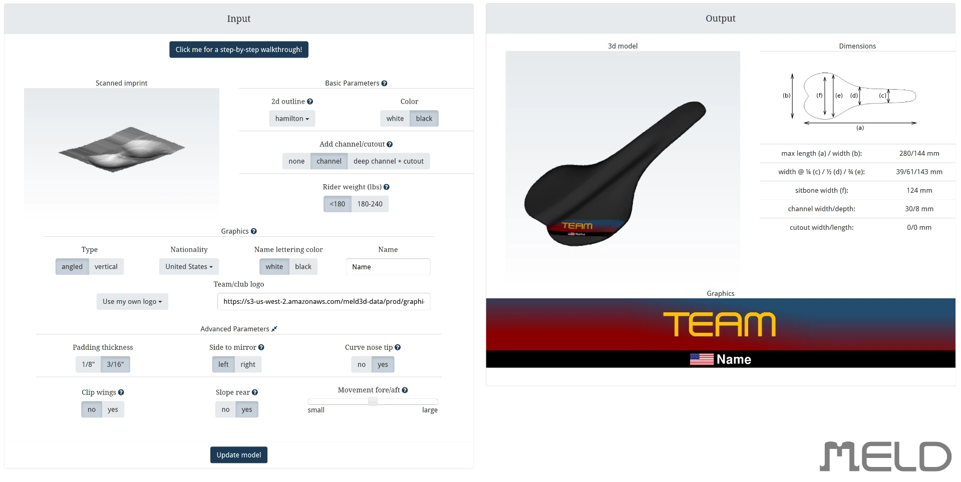 The client accesses a user portal on the Meld website, where they can tweak characteristics such as the saddle's outline (as viewed from above), the presence of a center channel/cutout, and graphics
