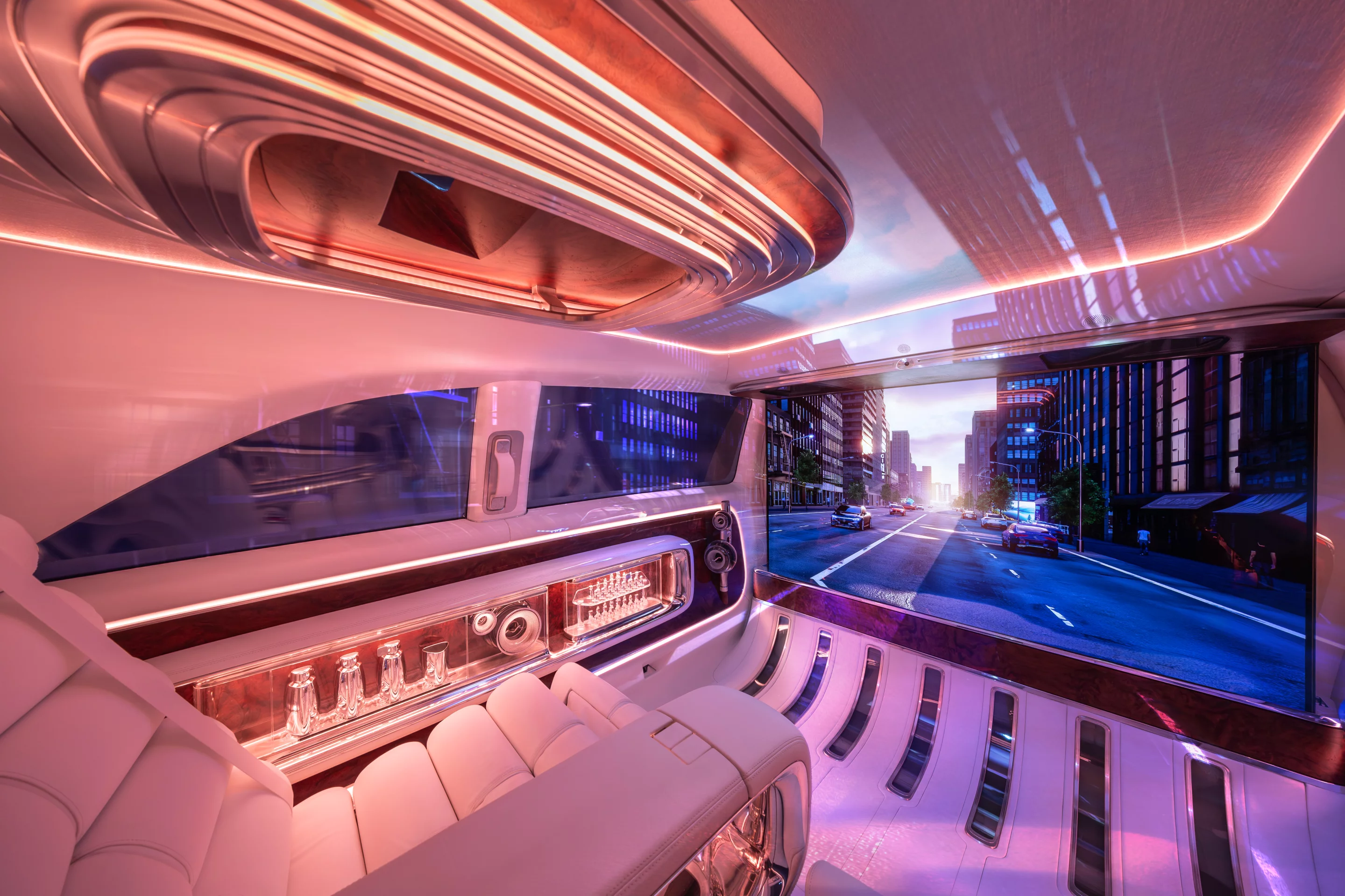 In addition to video, the main screen can be used for visual navigation with augmented reality, a visual complement to onboard audio, a virtual storefront for shopping, a productivity system and gaming display