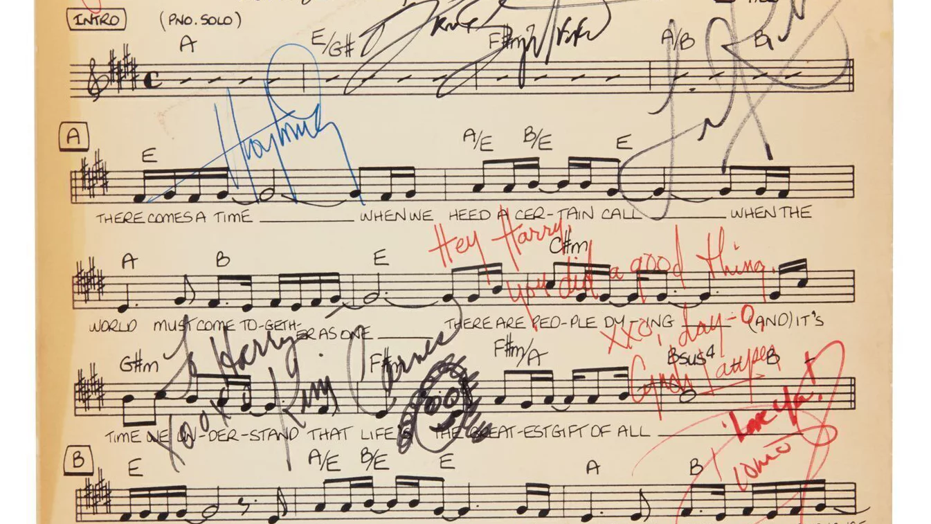 Signed and annotated by a who's who of American recording artists, this musical score represents a spirit that cannot be subjugated by geopolitics