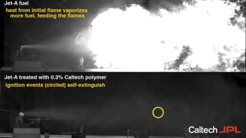 Regular untreated jet fuel (top) and fuel with the polymer additive (bottom)