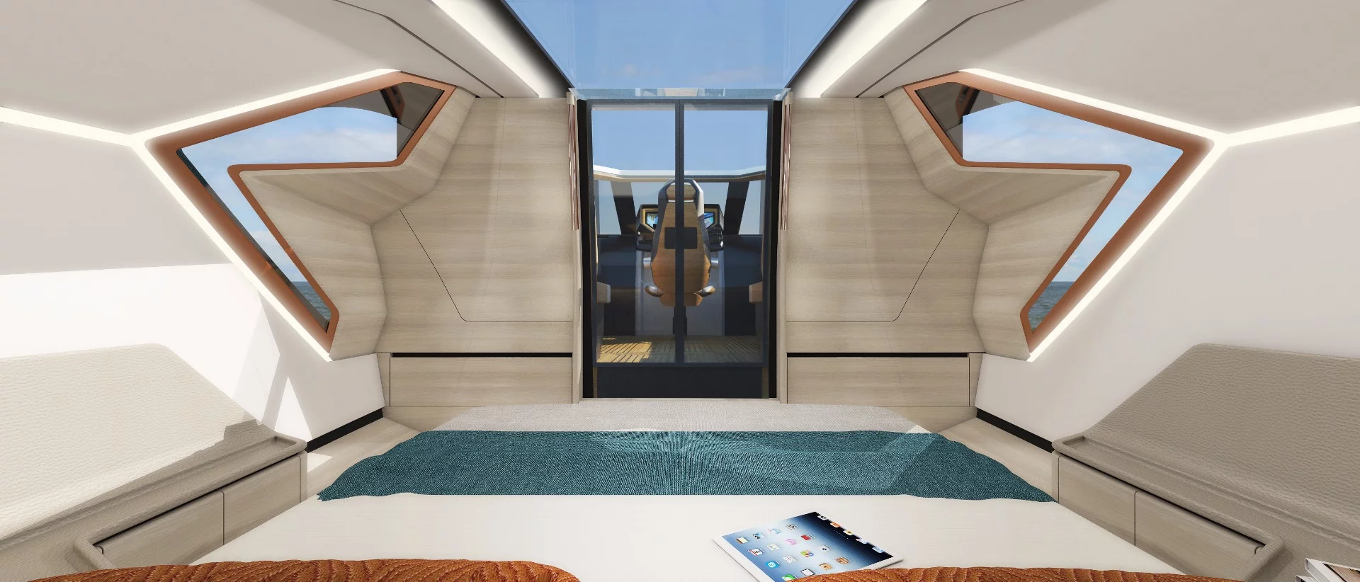 The aft master cabin accesses the cockpit through its sliding door