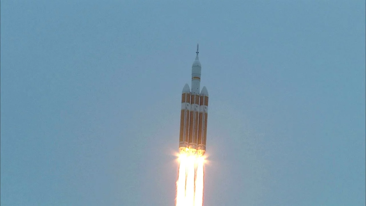 NASA's Orion spacecraft launching on its maiden flight atop a Delta IV Heavy rocket from Cape Canaveral Air Force Station in Florida