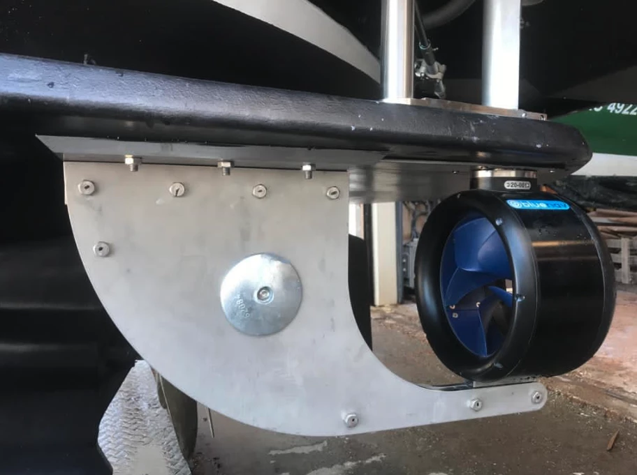 The BlueSpin stationary sail drive attaches to the hull underbody; this one includes the traditional propeller design, not the new Whale version