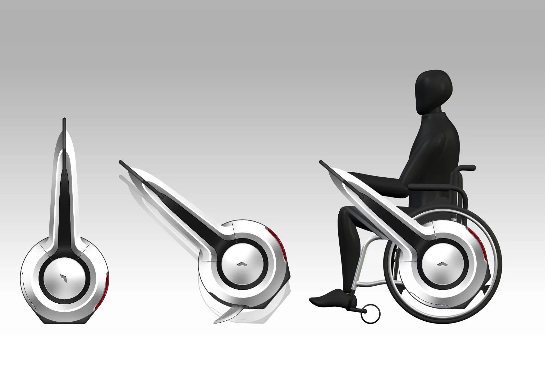 The WHILL is a device that clamps onto a manual wheelchair to provide it with electric drive