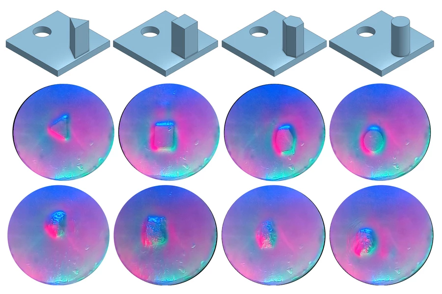 Objects were 3D printed for sensing experiments with the Digger Finger, with the middle row showing image data where the robot interacted with the objects directly, and the bottom row showing where the robot interacted with the objects buried in the sand