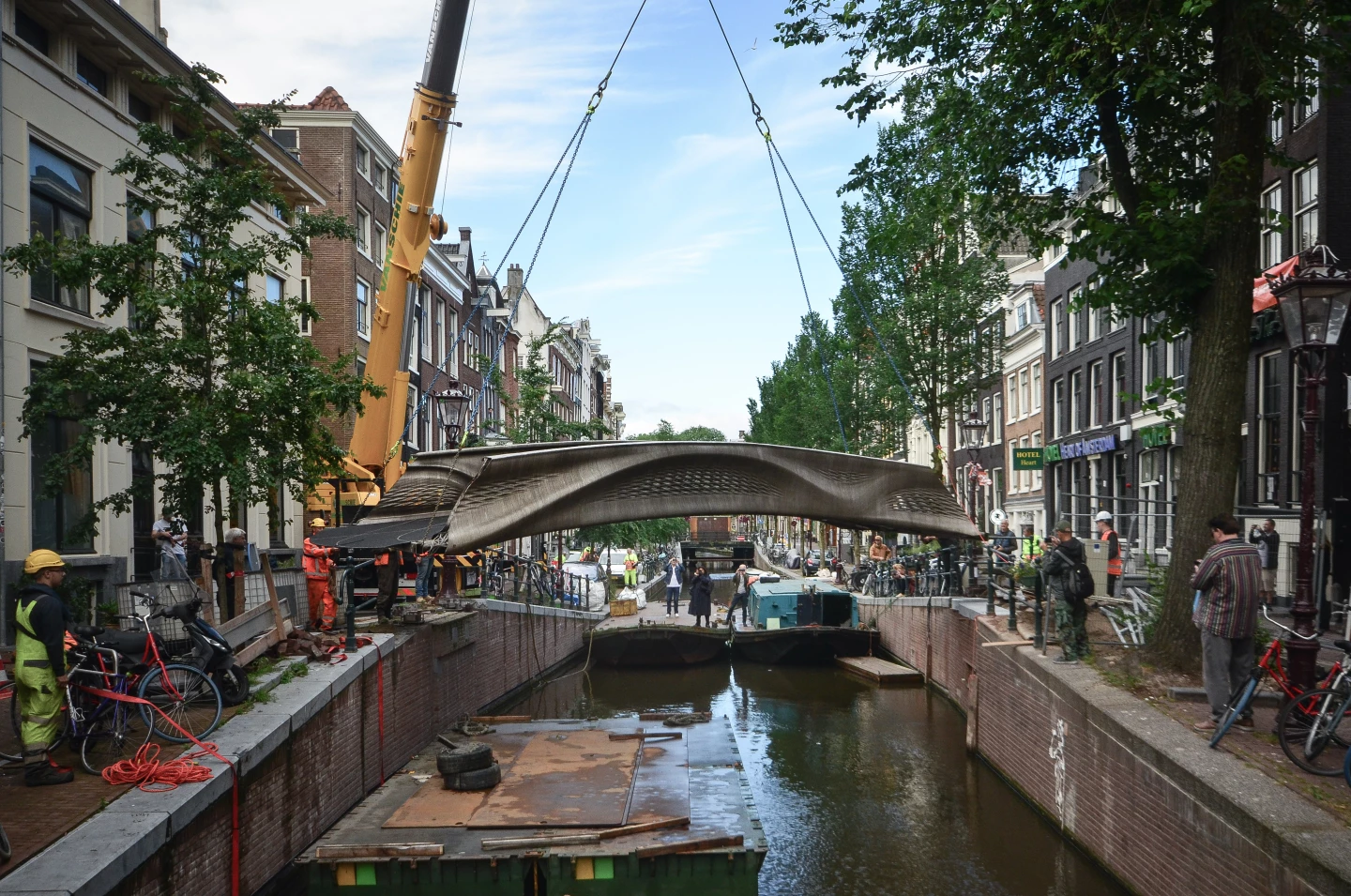 The 3D-printed bridge was placed into position using a crane