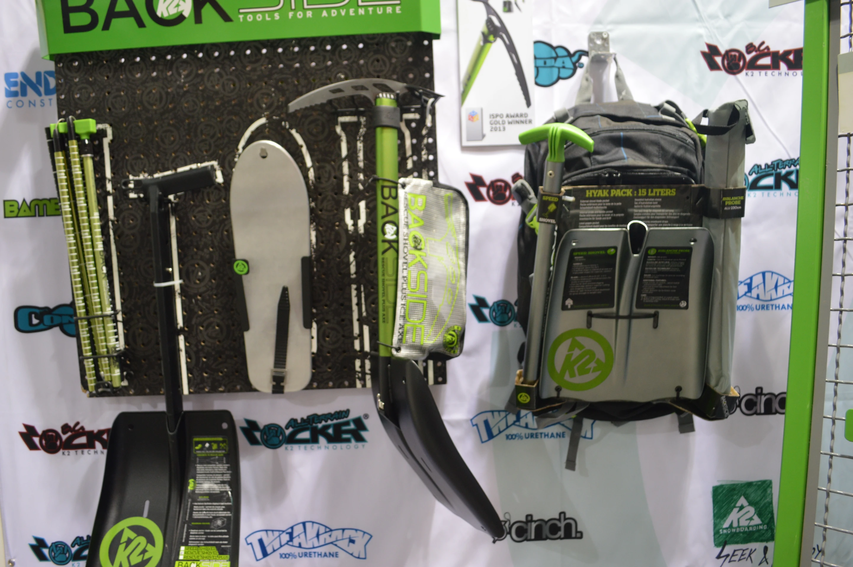 The Rescue Shovel Plus Ice Axe (center) and other gear from K2's BackSide line