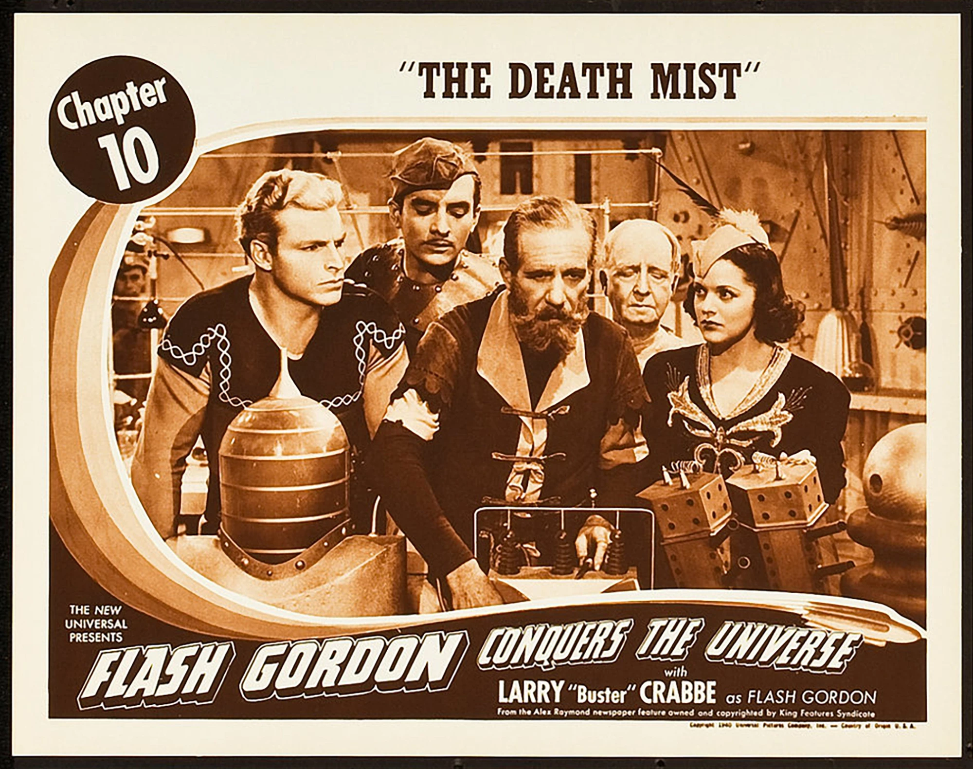 Flash Gordon was featured in three serial films: Flash Gordon (1936), Flash Gordon's Trip to Mars (1938), and Flash Gordon Conquers the Universe (1940). These movie serials were popular during the first half of the 20th century, consisting of a series of weekly episodes exhibited in consecutive order at theaters during the “shorts.” Each episode ended in a “cliffhanger” which helped to entice the audience back to the movie theater the following week for the next feature film, making the extremely popular Flash Gordon important to generating box office in movie theaters as audiences followed his adventures over months. Lobby cards such as this were important in promoting the next episode of the serial and are now highly sought after by collectors