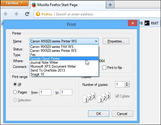 The Windows virtual Google Cloud driver lets you pick from your printers in Firefox