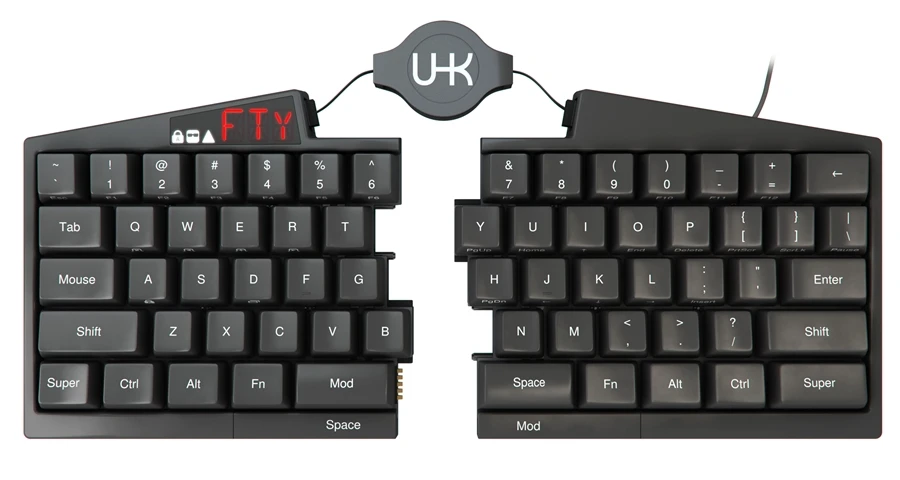 The keyboard splits into two halves joined by a cable so that the user can angle and position them to preference