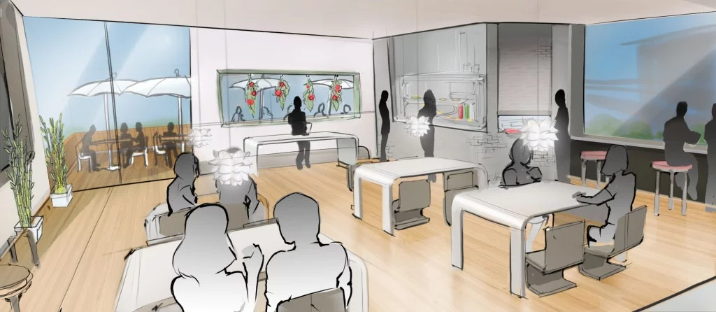 Artist's concept of a restaurant with the hamburger machine