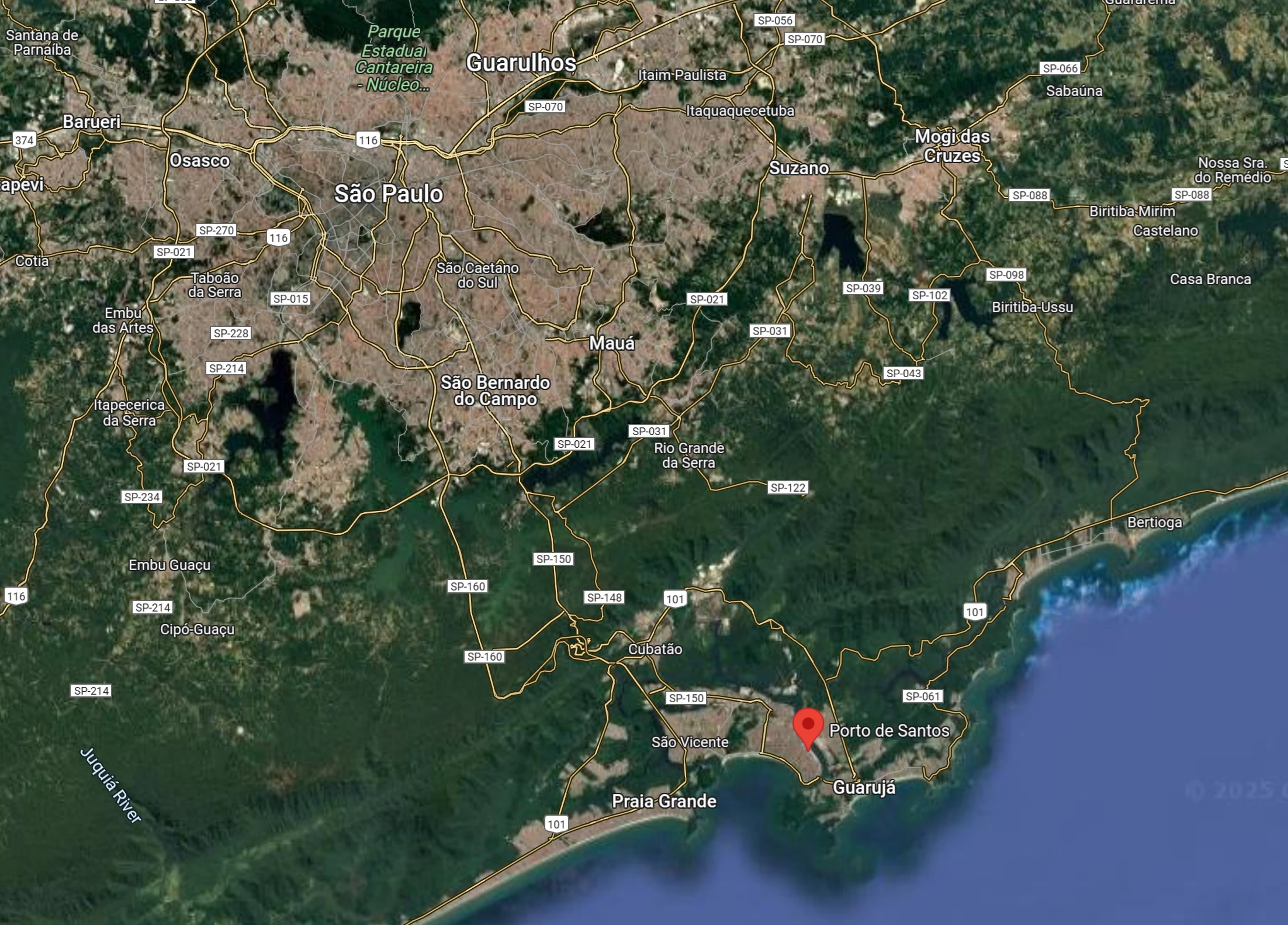Google Maps satellite look at the Port of Santos to Sao Paulo, Brazil