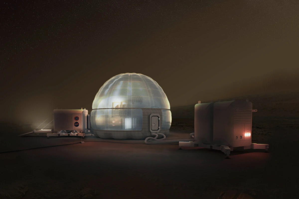 The Mars Ice Home is an inflatable structure that makes use of locally derived water to shield inhabitants against cosmic rays