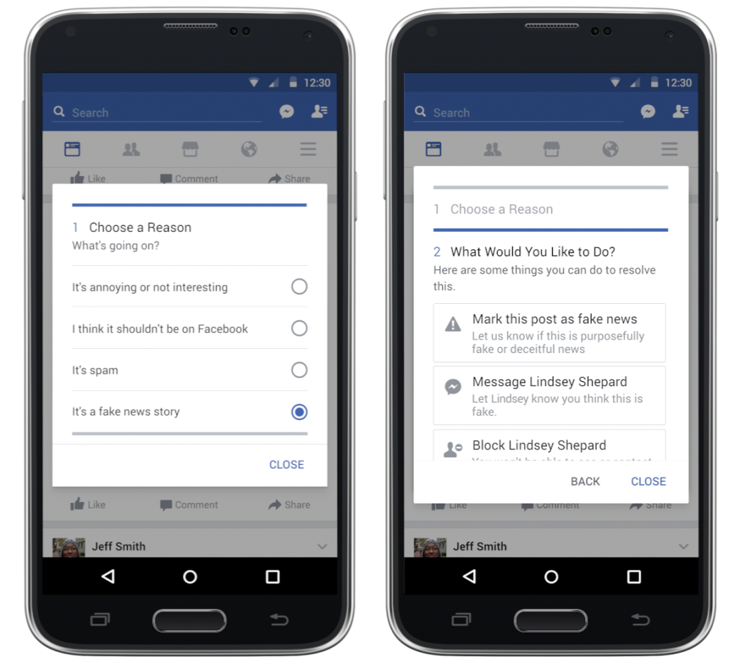 An example of how users would be able to flag potential fake news stories on Facebook
