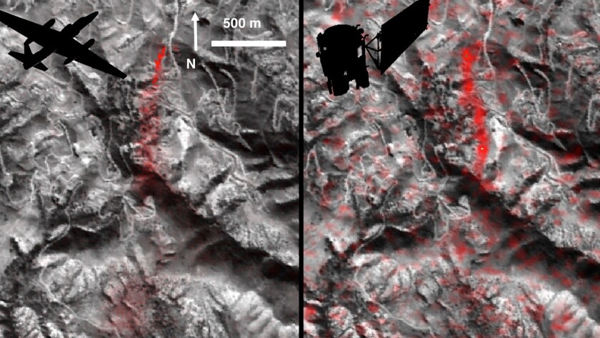Comparison of detected methane plumes over Aliso Canyon, California, acquired 11 days apart in Jan. 2016. On the left, as captured by NASA's AVIRIS NASA ER-2 aircraft and on the right by the Hyperion instrument on NASA's Earth Observing-1 satellite in low-Earth orbit.