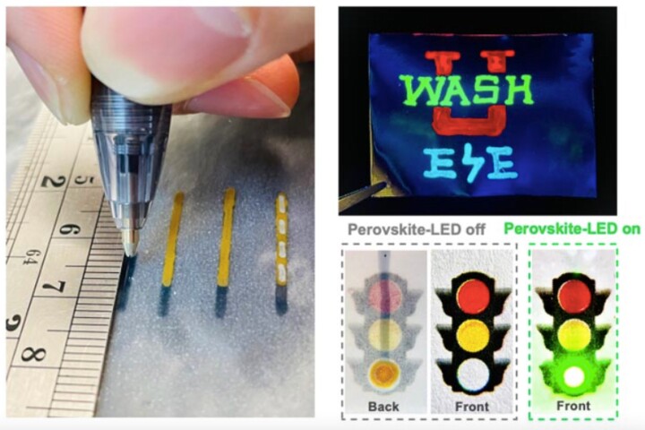 Examples of multicolor stretchable LED displays drawn with ballpoint pens loaded with the inks
