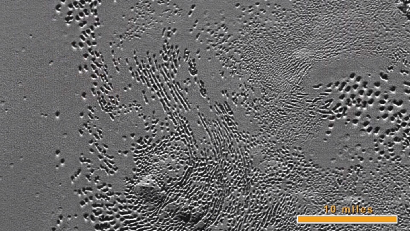 Pitted and hummocky ice plains in the southern reaches of Sputnik Planum