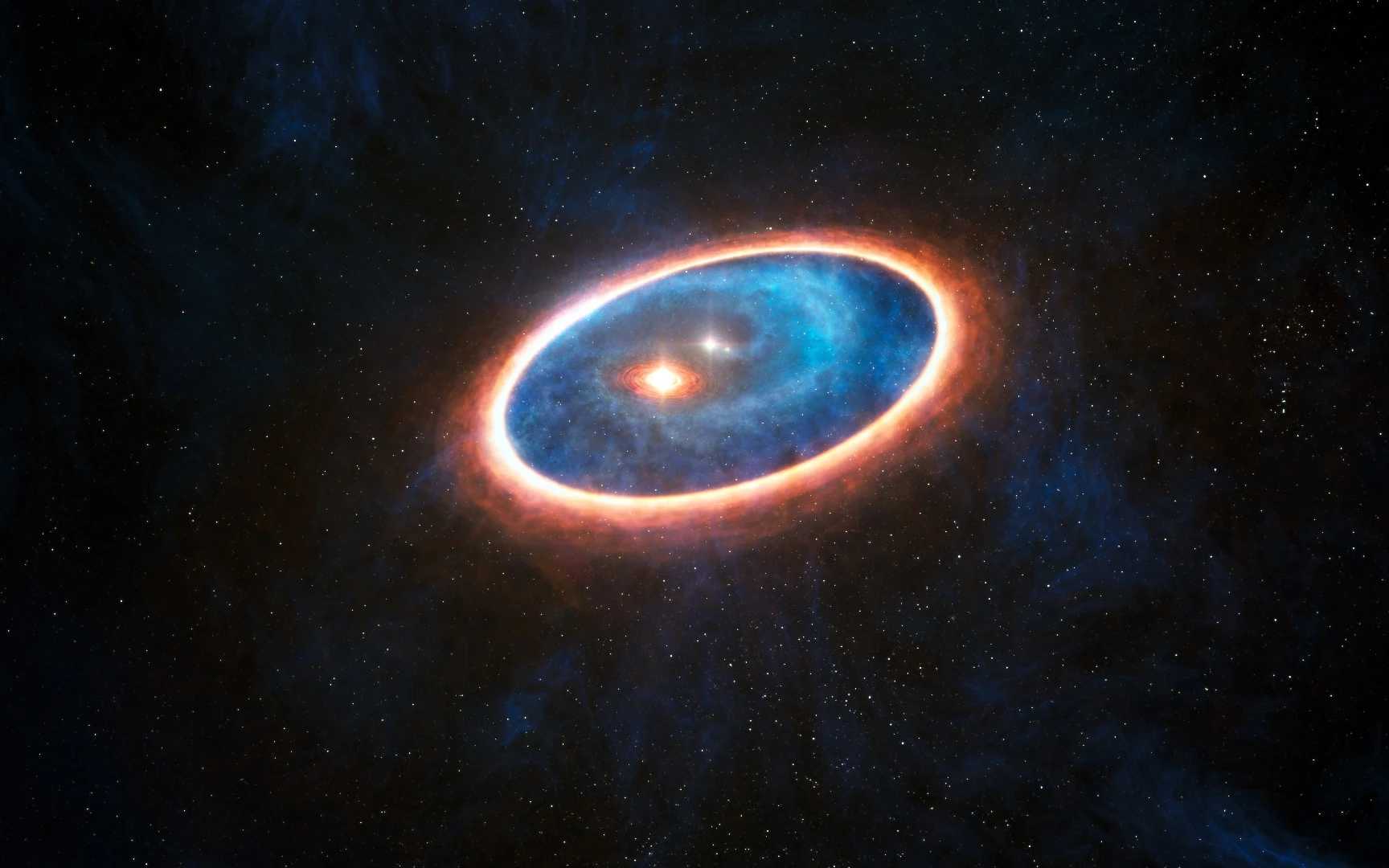 This artist’s impression shows the dust and gas around the double star system GG Tauri-A
