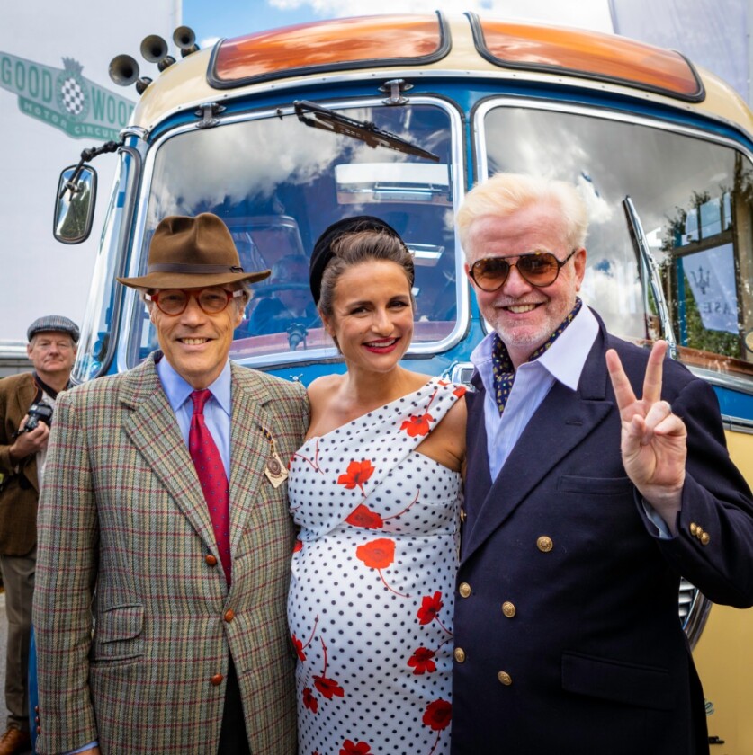 The founder of the Goodwood Revival and the Goodwood Festival of Speed, Lord March, with British media personality (and dedicated petrolhead) Chris Evans and his wife Natasha Shishmanian.