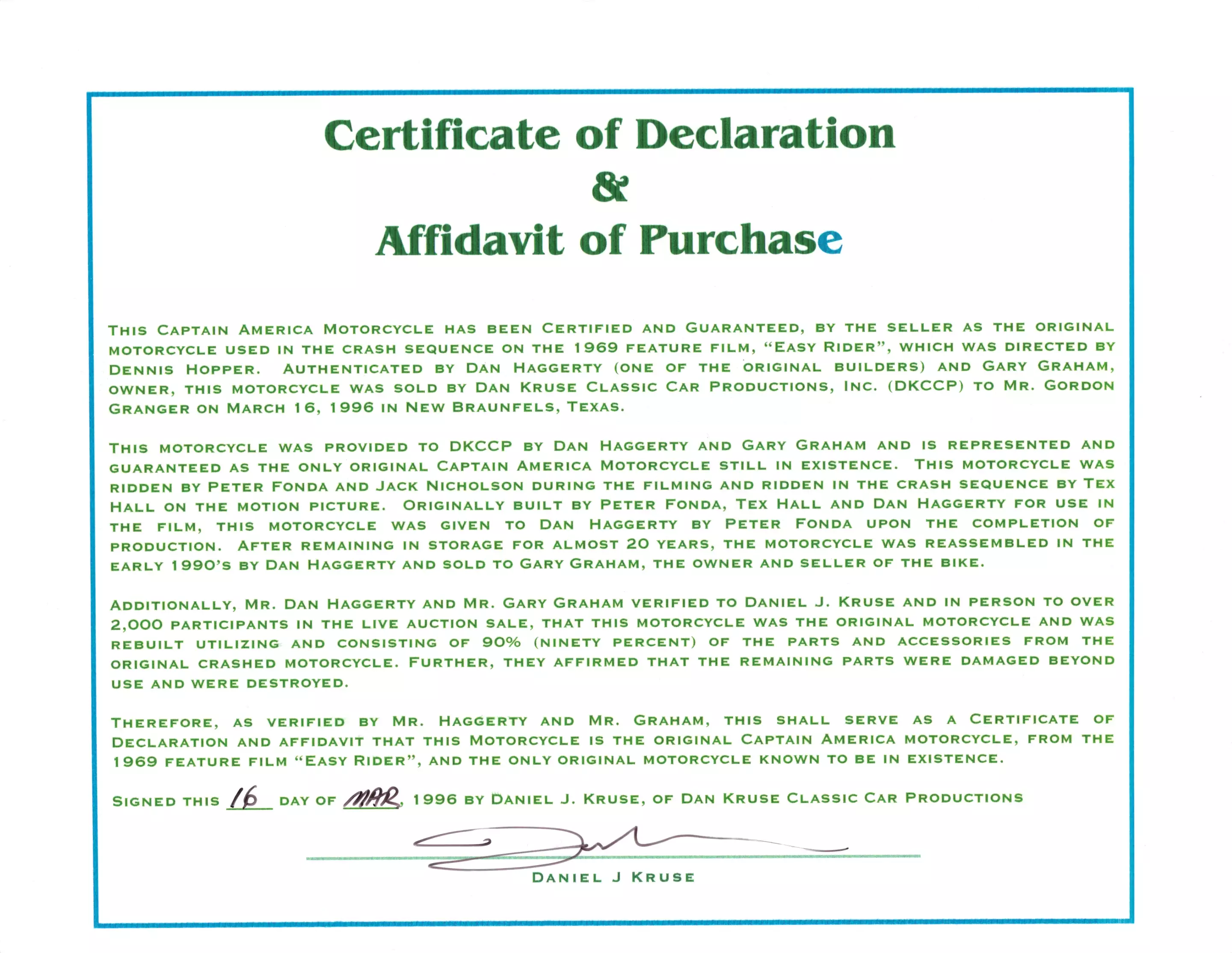 One of three certificates of authenticity provided to support the claims of authenticity of the Captain America Harley-Davidson Panhead Easy Rider Chopper from the Gordon Granger Collection