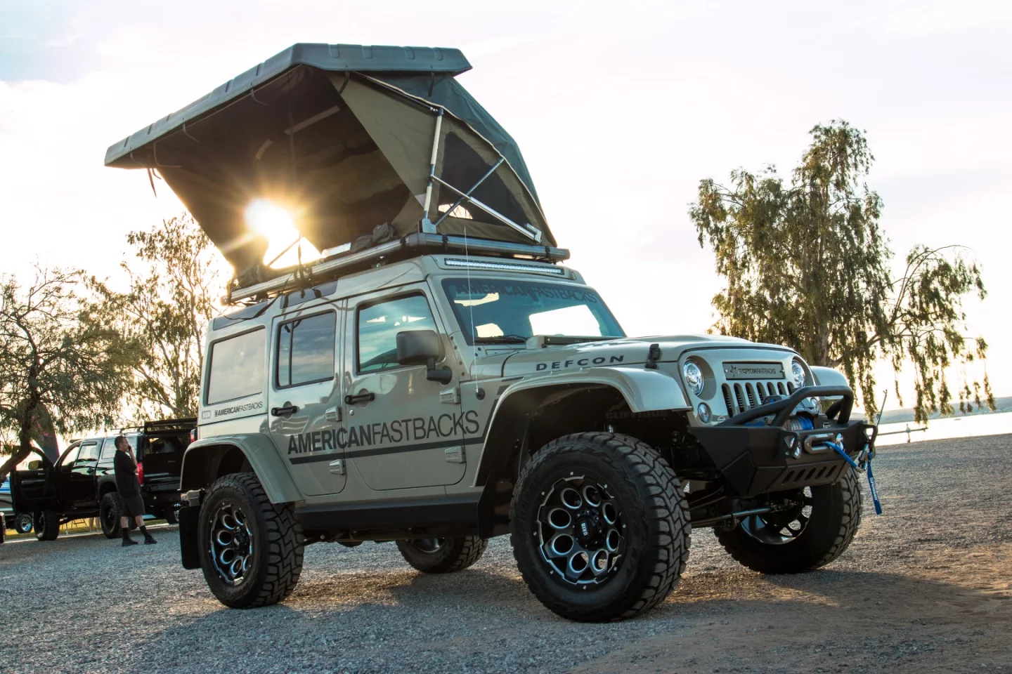 American Fastbacks specializes in making hard tops for Jeep JK and TJ/LJ models and brought a range of tricked-out Jeeps to the Sand and Water expo. This is its Badlands model, equipped with a stove top, a fridge, and an electric hard top camper with the ability to sleep four
