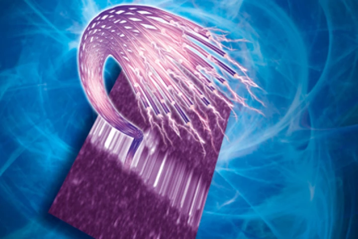 Artist's impression showing conductive supramolecular fibers trapped between two gold electrodes spaced 100 nm apart (Photo: © Graphics: M. Maaloum, ICS (CNRS))