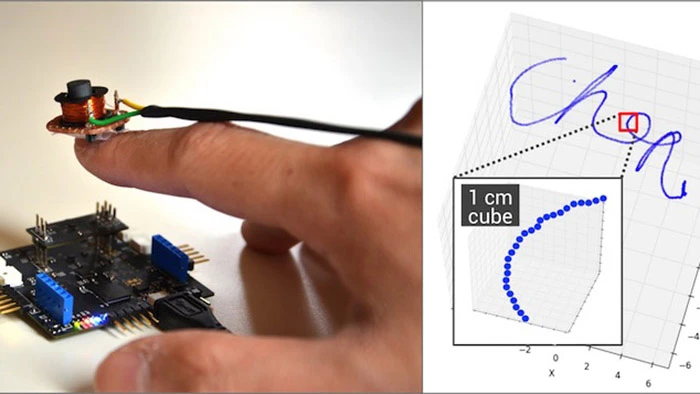 Finexus uses a set of electromagnets fitted to the user's fingertips and four magnetometers to detect their motion