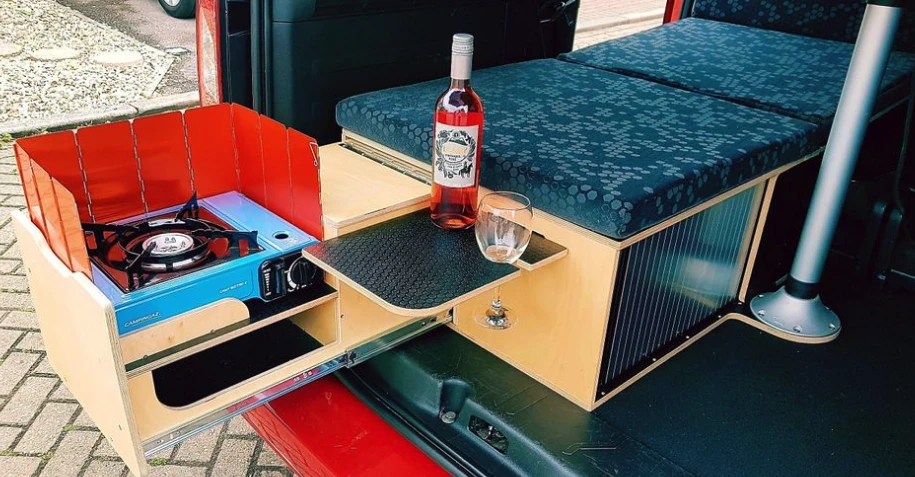 The FourOne kit includes a little cocktail table with wine glass holder