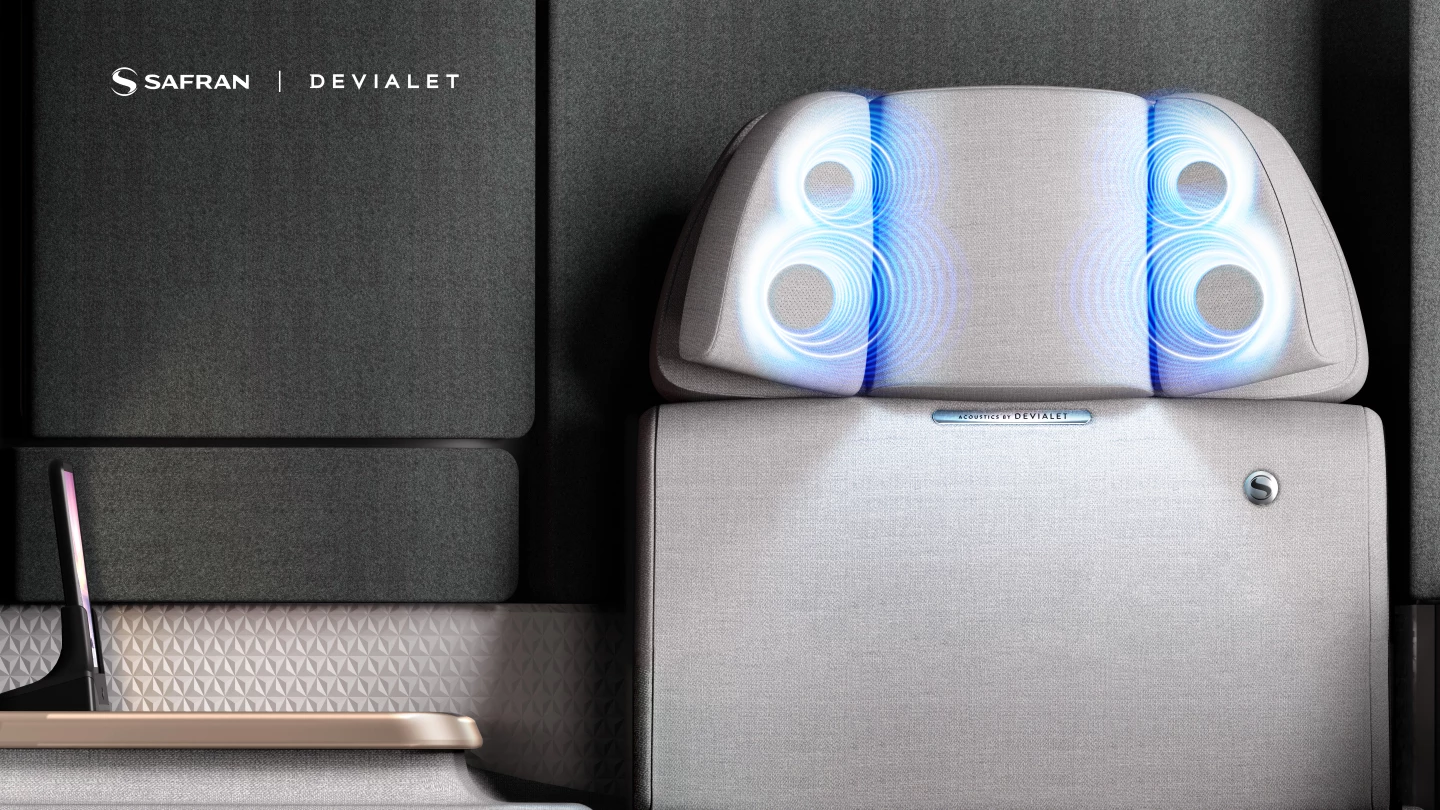 Two bespoke Devialet speakers are embedded left and right of the headrest to provide each passenger with an individual sound experience