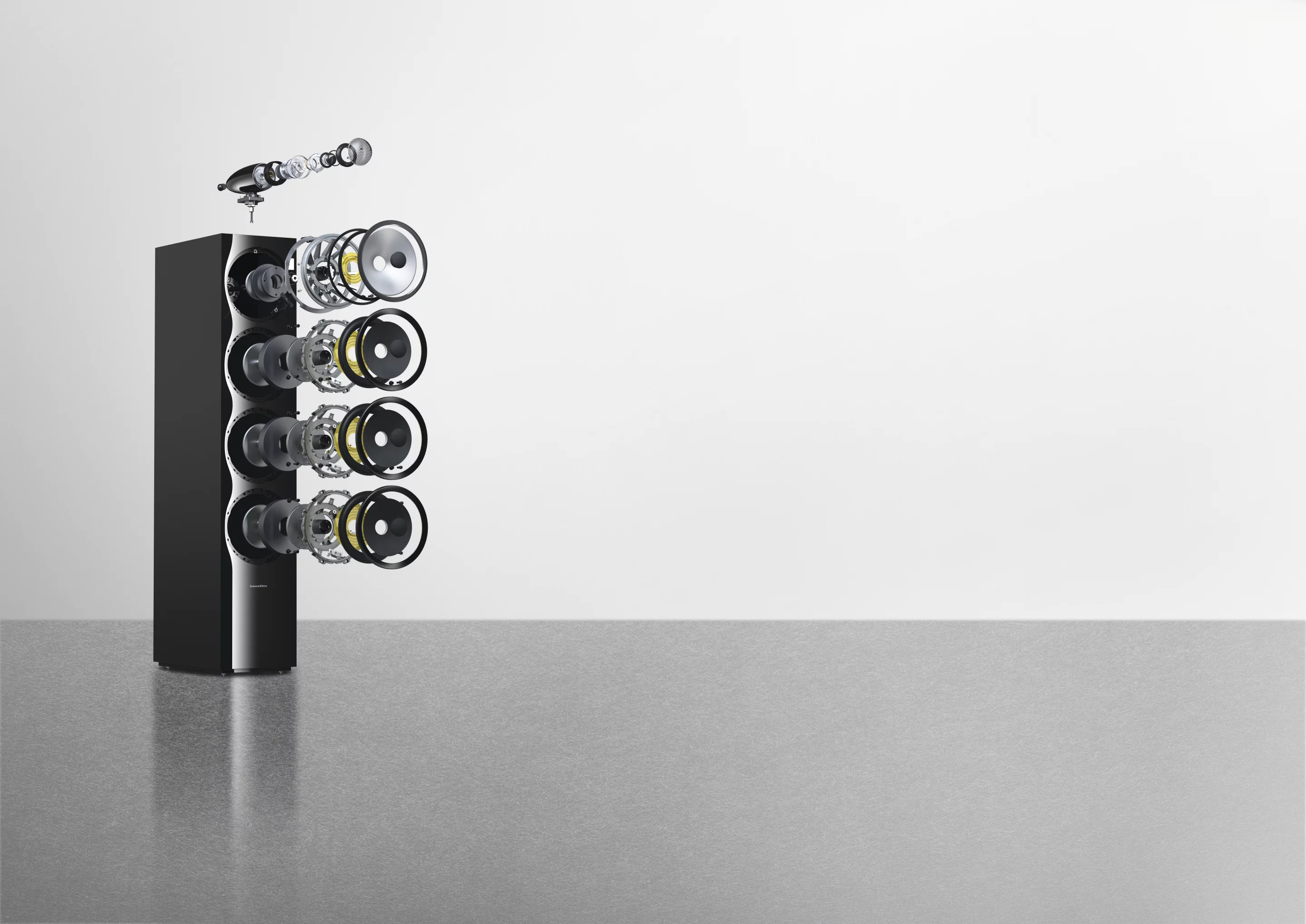 Exploded view of a 700 Series 702 S2 floorstanding loudspeaker
