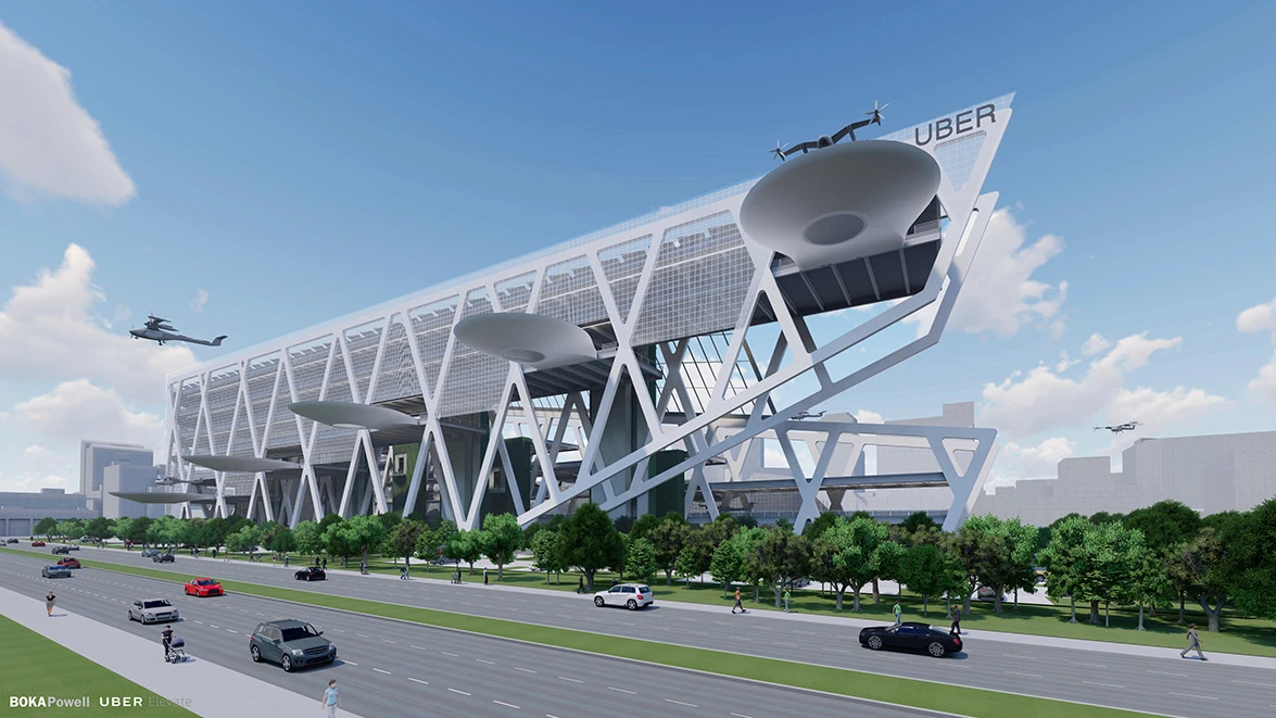 This Skyport concept by US firm BOKAPowell features six landing pads and is designed to handle 1,000 vehicle landings and take-offs every hour