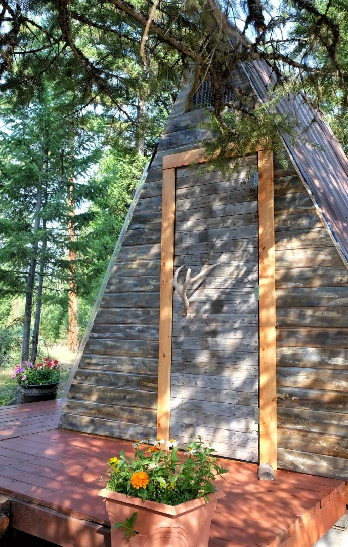 The cabin's door features a handle made from an antler