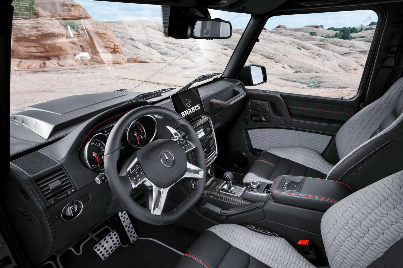 Inside, Brabus uses a combination of fine leather, red piping and aluminum