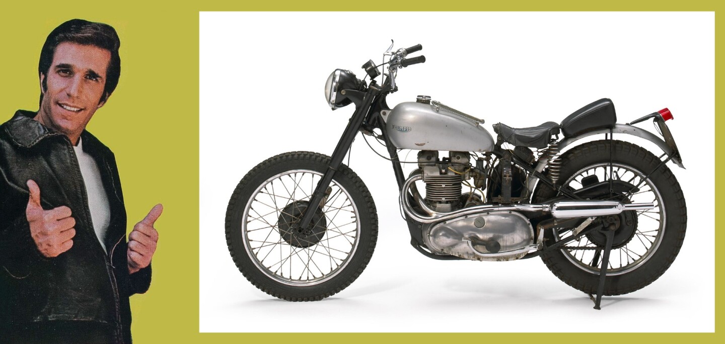One of the most enduring motorcycles in popular media was the 1949 Triumph 500cc Trophy ridden by Arthur Fonzarelli ("Fonzie" or "The Fonz", played by Henry Winkler) during the 11-year run (1974-1984) of the television sitcom Happy Days. it sold for $179,200 at Juliens in Los Angeles in 2018. That price makes it by far the most expensive Triumph ever to sell at auction, surpassing the 1973 Triumph/BSA Formula 750 Factory Racer that fetched $104,760 in Mecum's Las Vegas auction in January, 2014