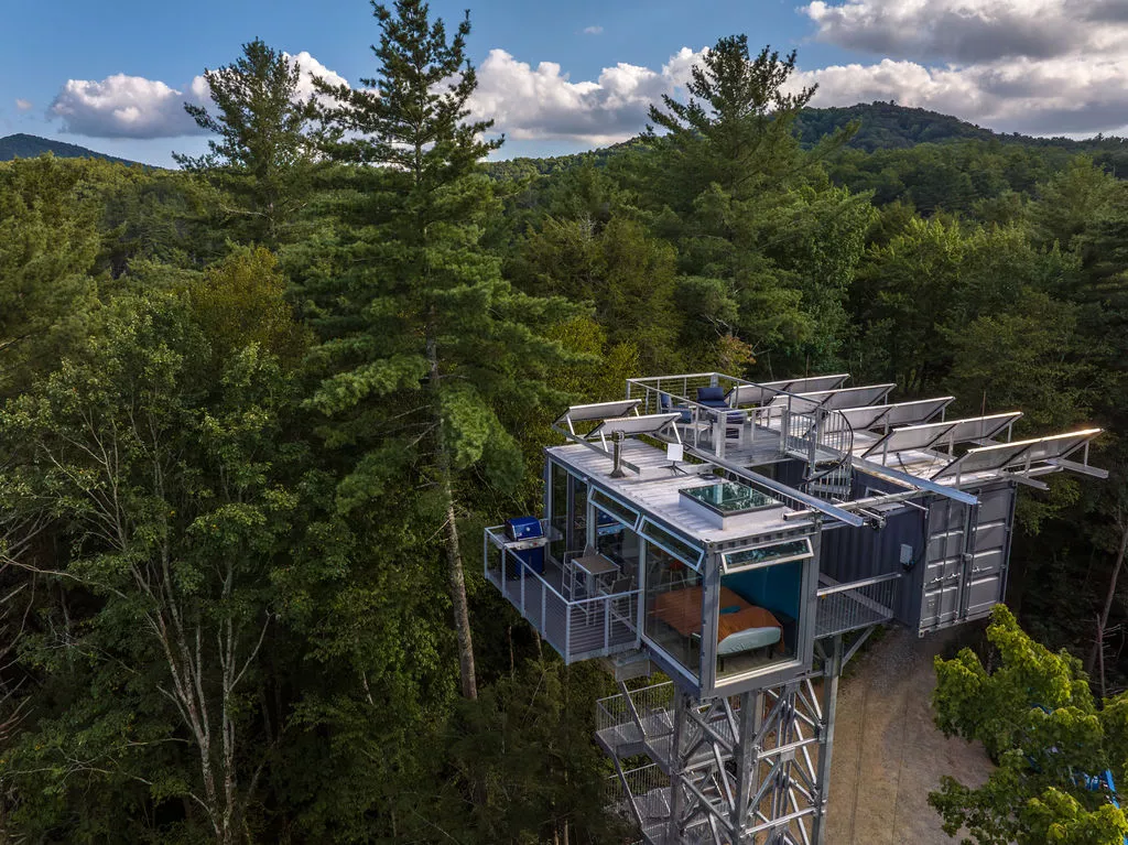 The River Forest Lookout features generous glazing, framing views of the surrounding forest