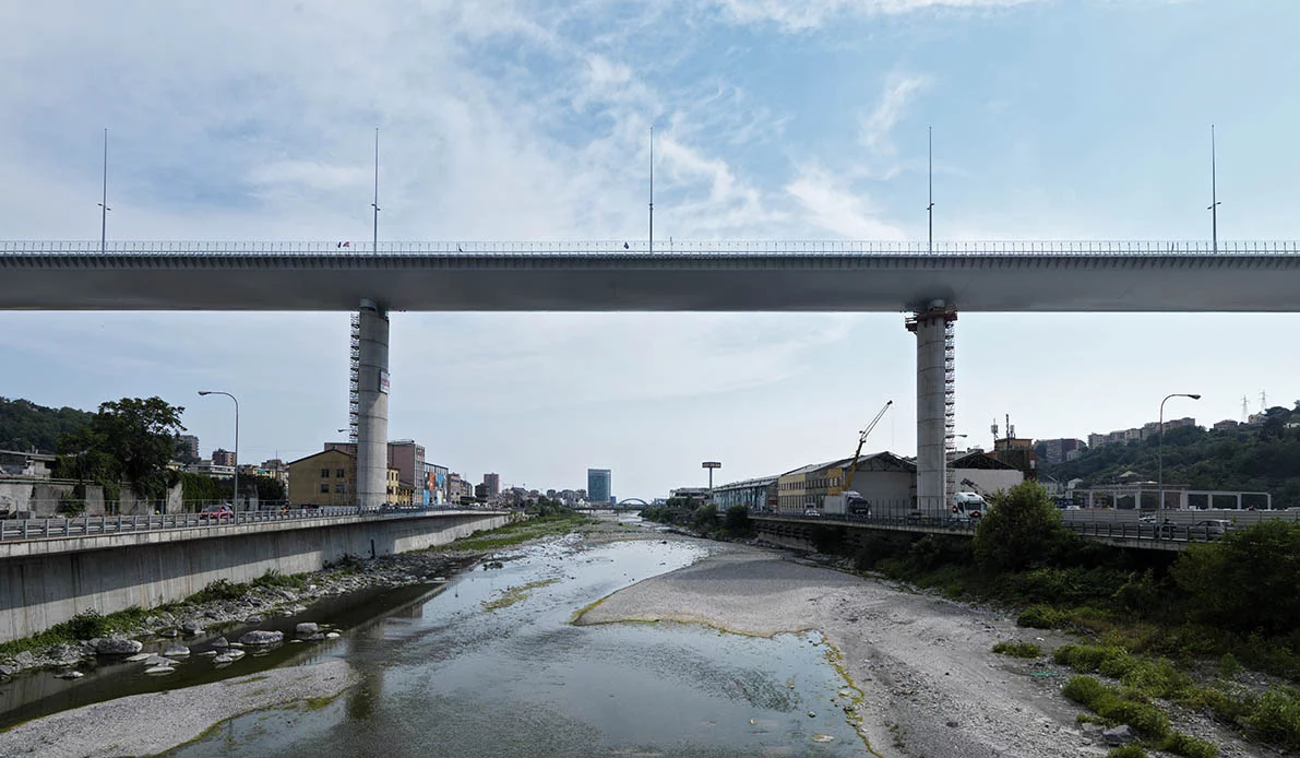 The Genova San Giorgio Bridge spans the Polcevera river in Genoa