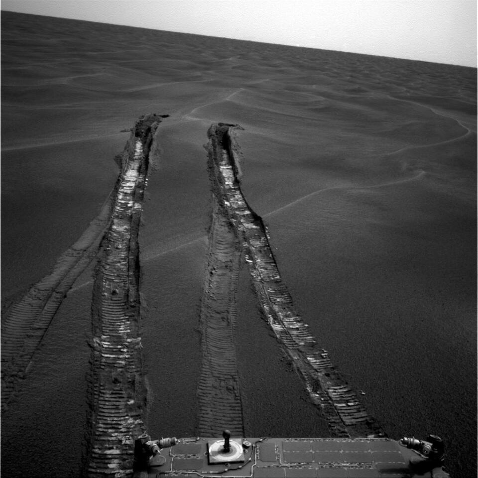 This image shot by NASA's Opportunity rover back in 2005 shows the deep tracks that the rover cut into "Purgatory Dune"
