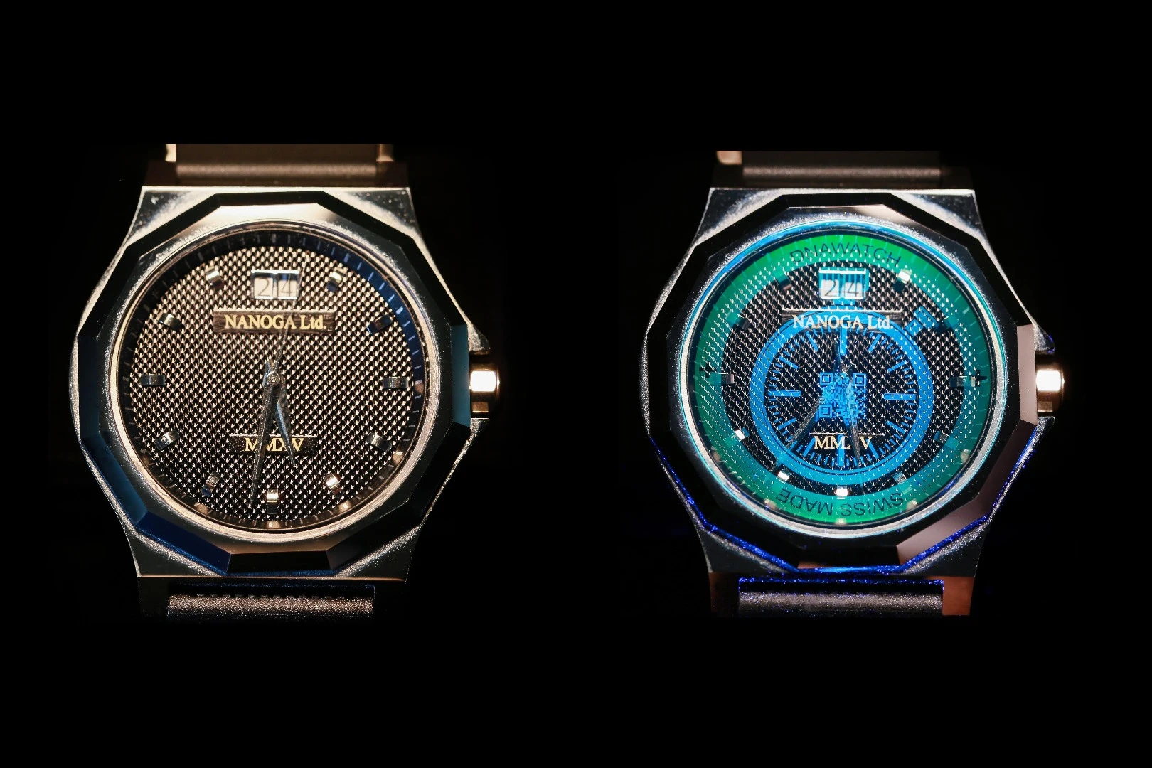 The watermark is invisible under visible light (left), but not when exposed to UV light (right)