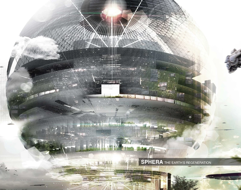 Honorable mention: Sphera, 2150 Megacity by Santi Musmeci, Sebastiano Maccarrone. A spheroid built from the salvaged remains of abandoned cities