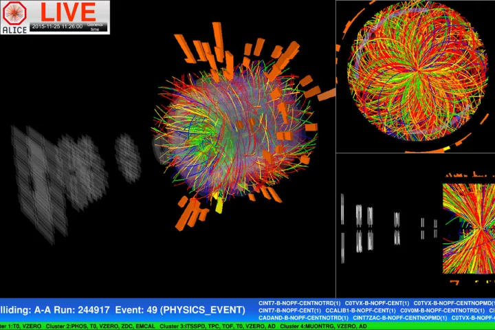 One of the very first collisions recorded between two lead ions at the LHC’s top energy
