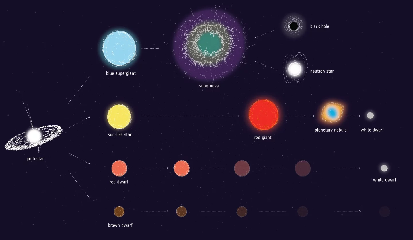 Artist impression of some possible evolutionary pathways for stars of different initial masses