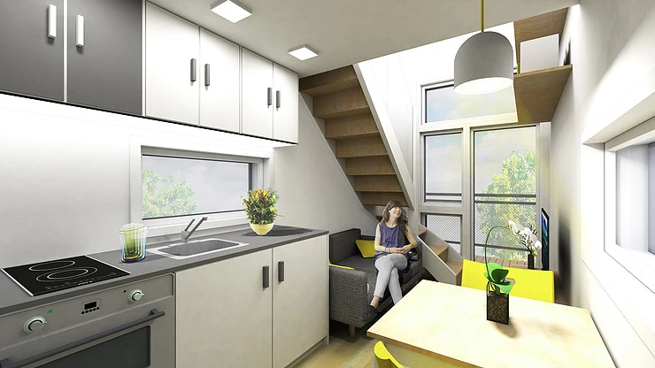 Render depicting the kitchen/seating area of the ZED Pod