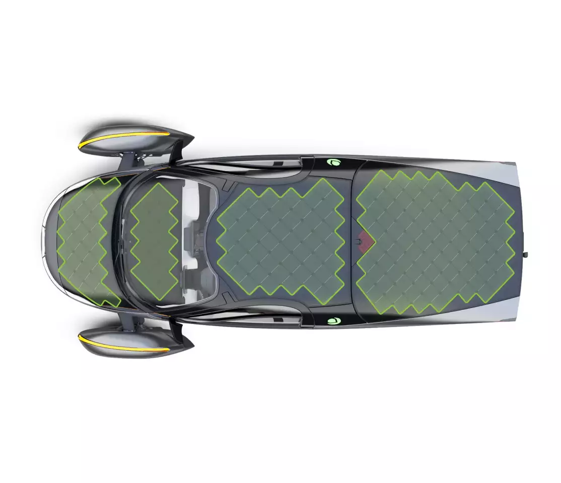 The top of the Aptera is covered in about 32 sq ft (3 sq meters) of solar panels (shown in green), giving it roughly 700 watts of charge in ideal solar conditions. That equates to about 40 miles of drivability per day from the sun alone