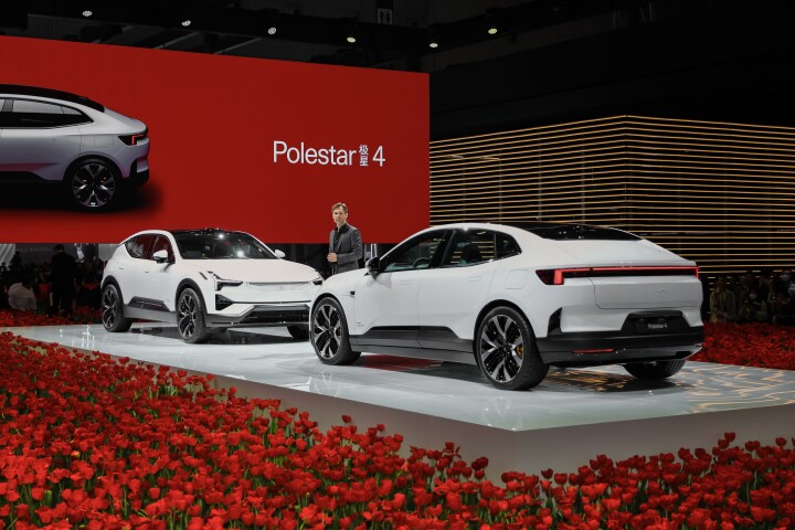 The Polestar 4 debuts atop a bed of roses at Auto Shanghai 2023 (the model to the rear left is the Polestar 3)