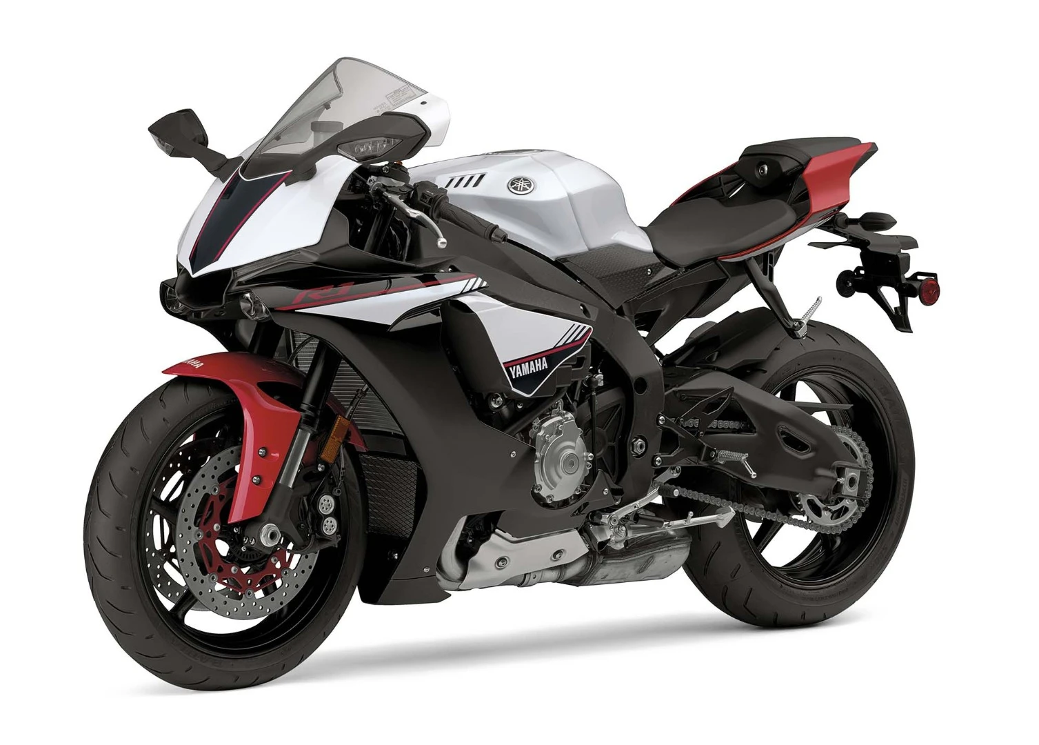 The Yamaha YZF-R1S in the Intensity White/Raven/Rapid Red color scheme