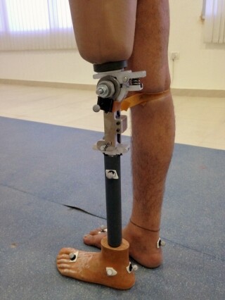 A prototype of the prosthetic knee being tested at a Jaipur Foot organization in India